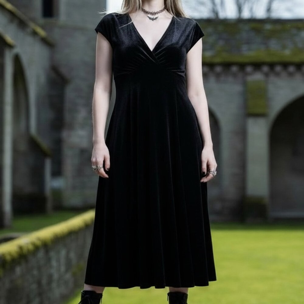 Witchy Black Velvet Dress Size 16 Midi Nu Goth ALT Vamp Retro 90s Grunge